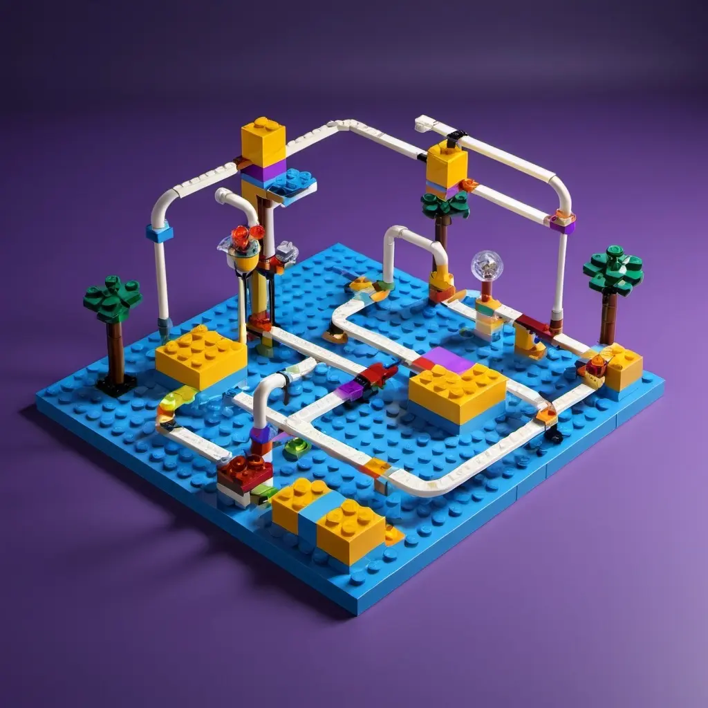 Lego-style maze with pipes and blocks symbolizing custom conversation flow automation.