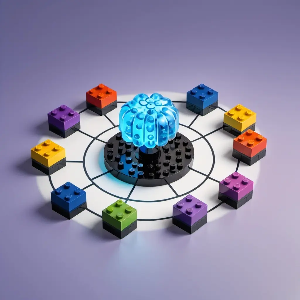 Lego-style network hub with connected blocks symbolizing complete system integration and connectivity.