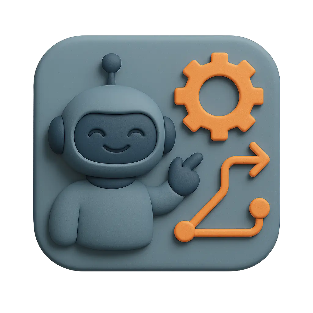 3D robot icon with gear and arrow symbolizing SmartFlow business automation for small companies.