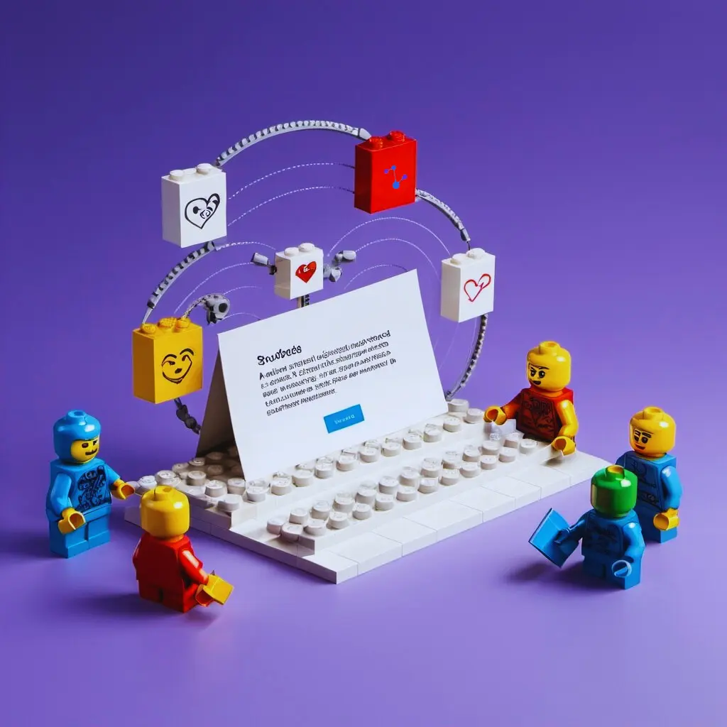Lego-style laptop with message icons symbolizing smart marketing automation and customer engagement.