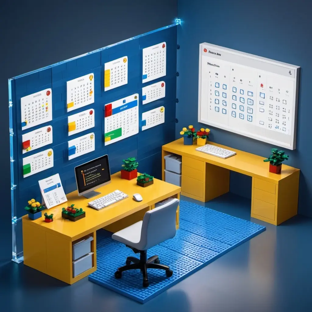 Lego-style office desk with computer and calendars symbolizing sales process automation and lead tracking.