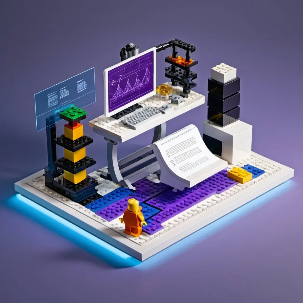 Lego-style office desk with charts and documents symbolizing operations automation and task routing.