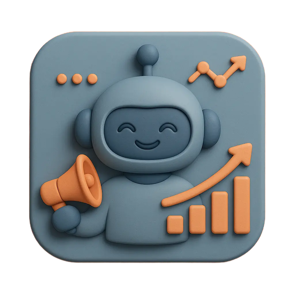 3D robot icon holding a megaphone with rising chart symbolizing GrowthEngine marketing automation.