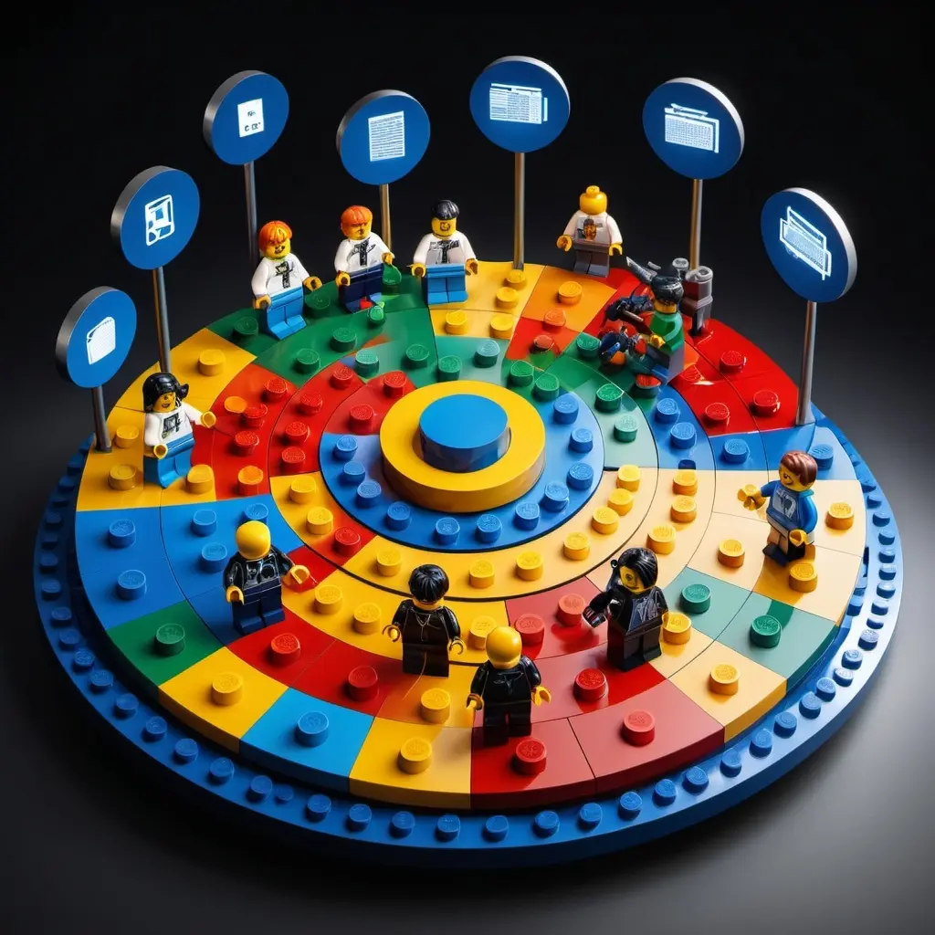 Lego-style team figures on a colorful circular chart symbolizing CRM integration and lead management.