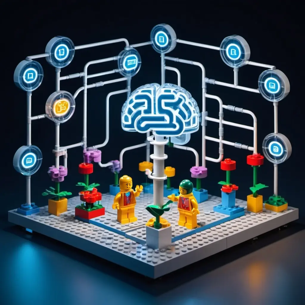 Lego-style brain network with figures symbolizing intelligent lead nurturing and AI marketing automation.