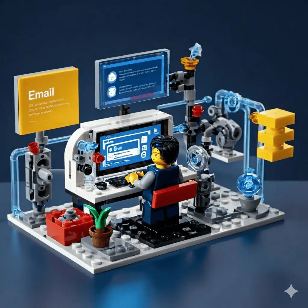 Lego-style marketer at computer creating emails and social content symbolizing AI-powered marketing automation.