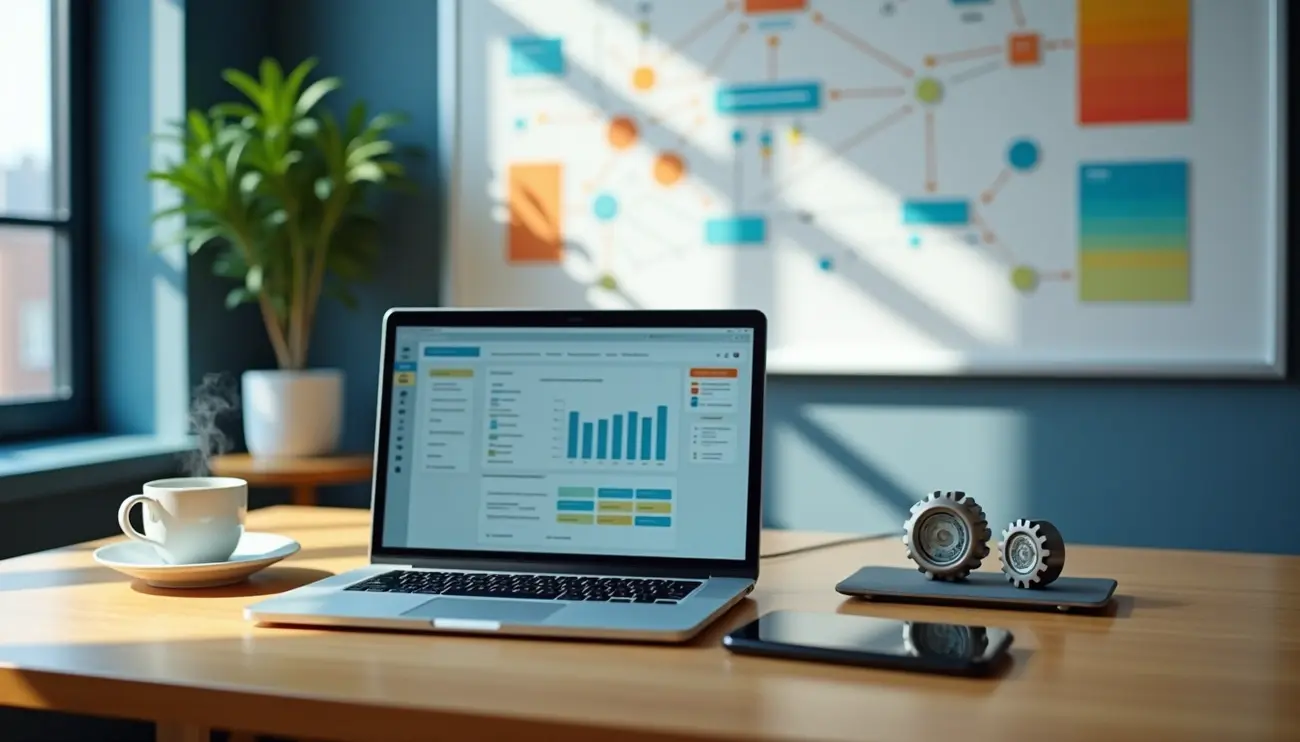 laptob and cup in table with balckboard