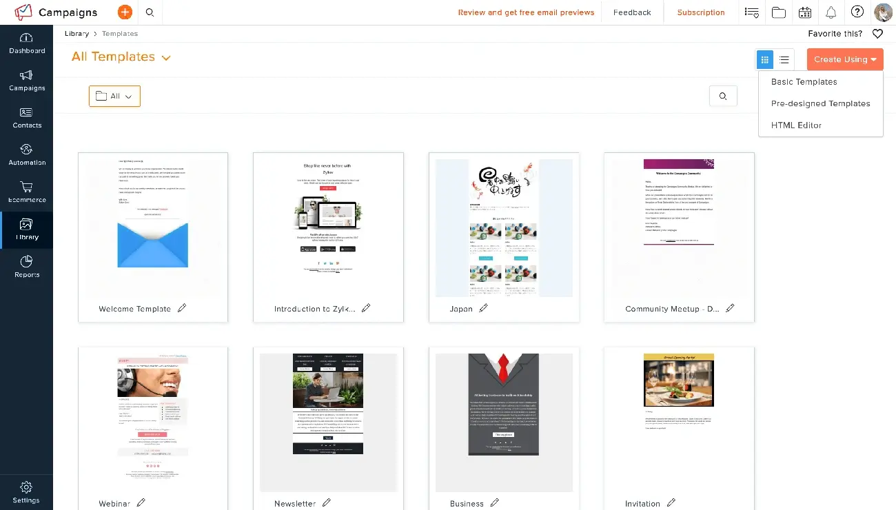 Zoho website all email template page email