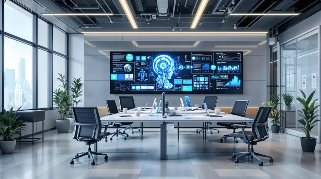 Modern office with digital screens displaying AI and workflow automation dashboards, symbolizing smart business automation and data-driven operations in 2025.