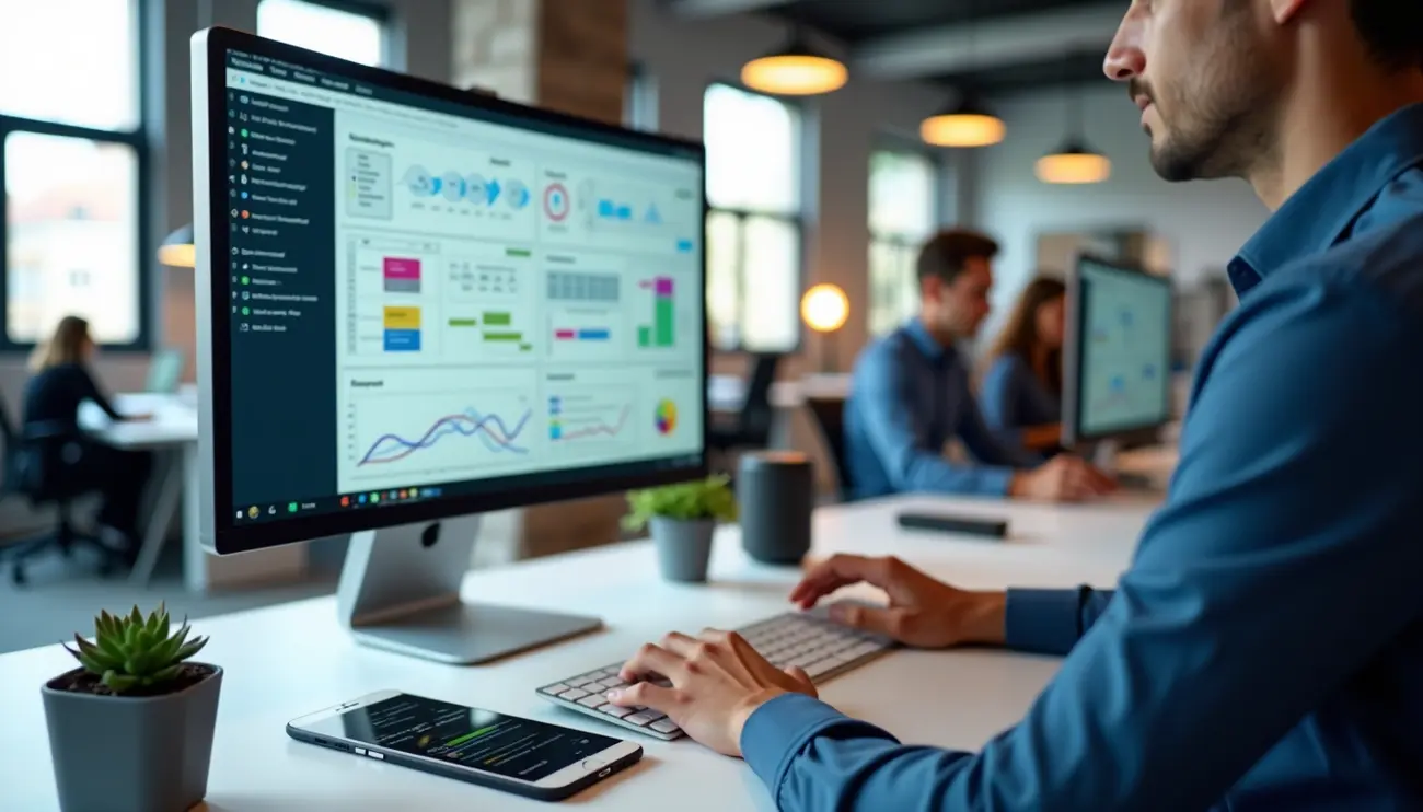 Professional using workflow automation dashboard to monitor business processes and productivity in a modern office environment.