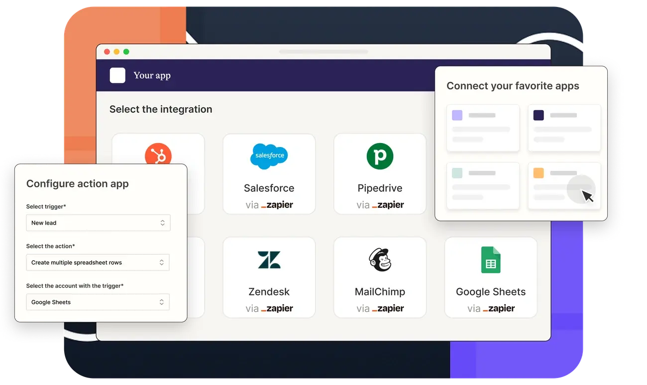 Dashboard showing Zapier integrations connecting apps like Salesforce, Mailchimp, Google Sheets, and Zendesk with automation triggers and actions.