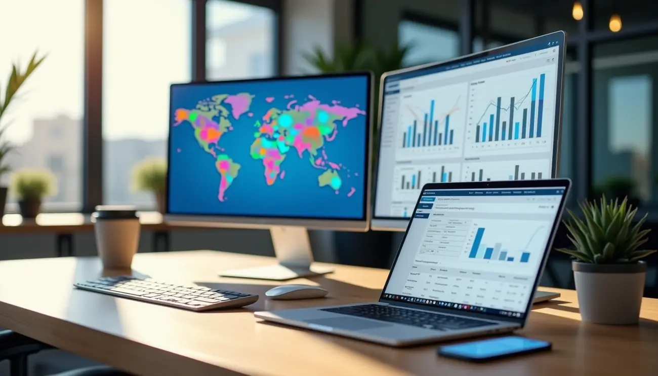 Modern office desk with multiple computer screens displaying global analytics maps and bar charts, representing digital marketing and data analysis.