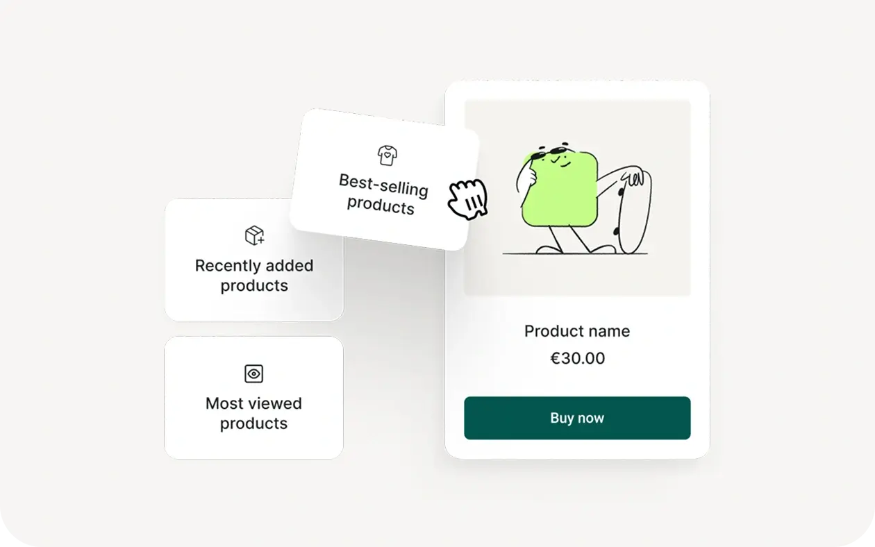 Illustration showing eCommerce product cards with options like best-selling, recently added, and most viewed products, along with a sample product card priced at €30.00 and a “Buy now” button.