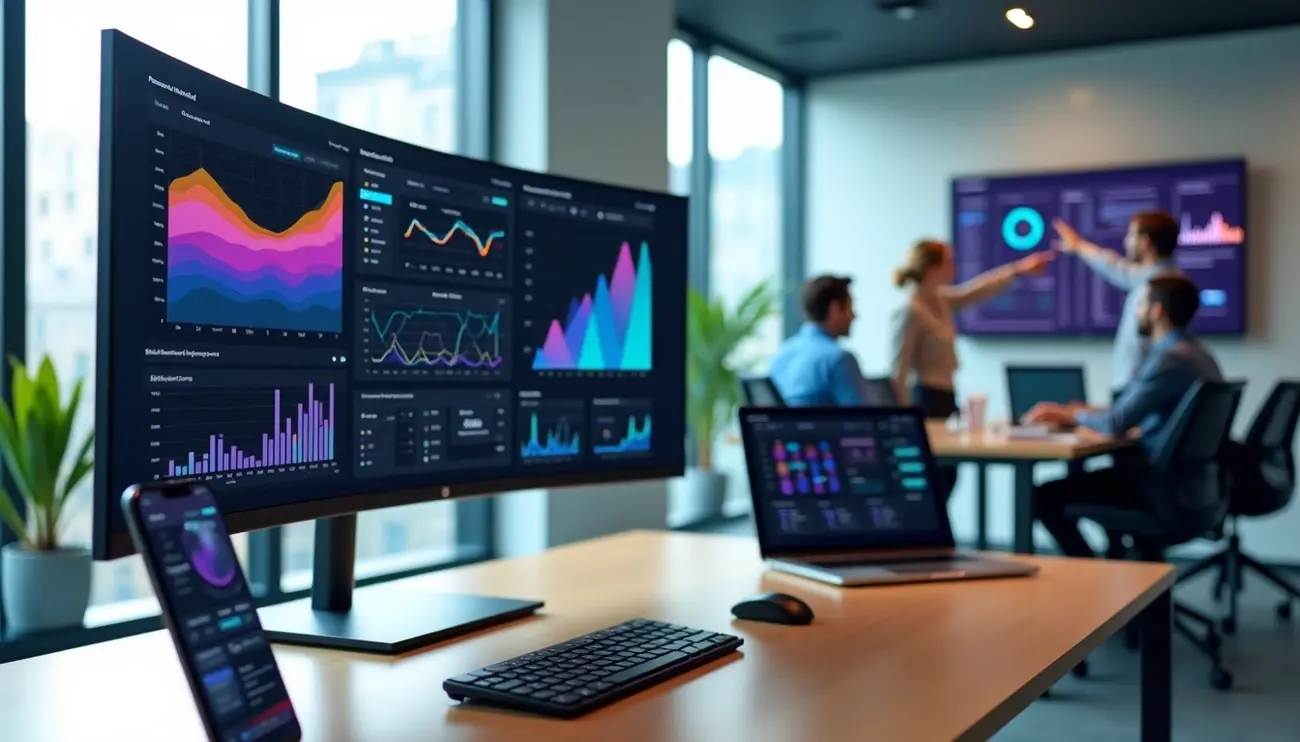 A modern office with large curved monitors displaying colorful analytics dashboards, while a team collaborates in the background in front of a wall-mounted data screen.