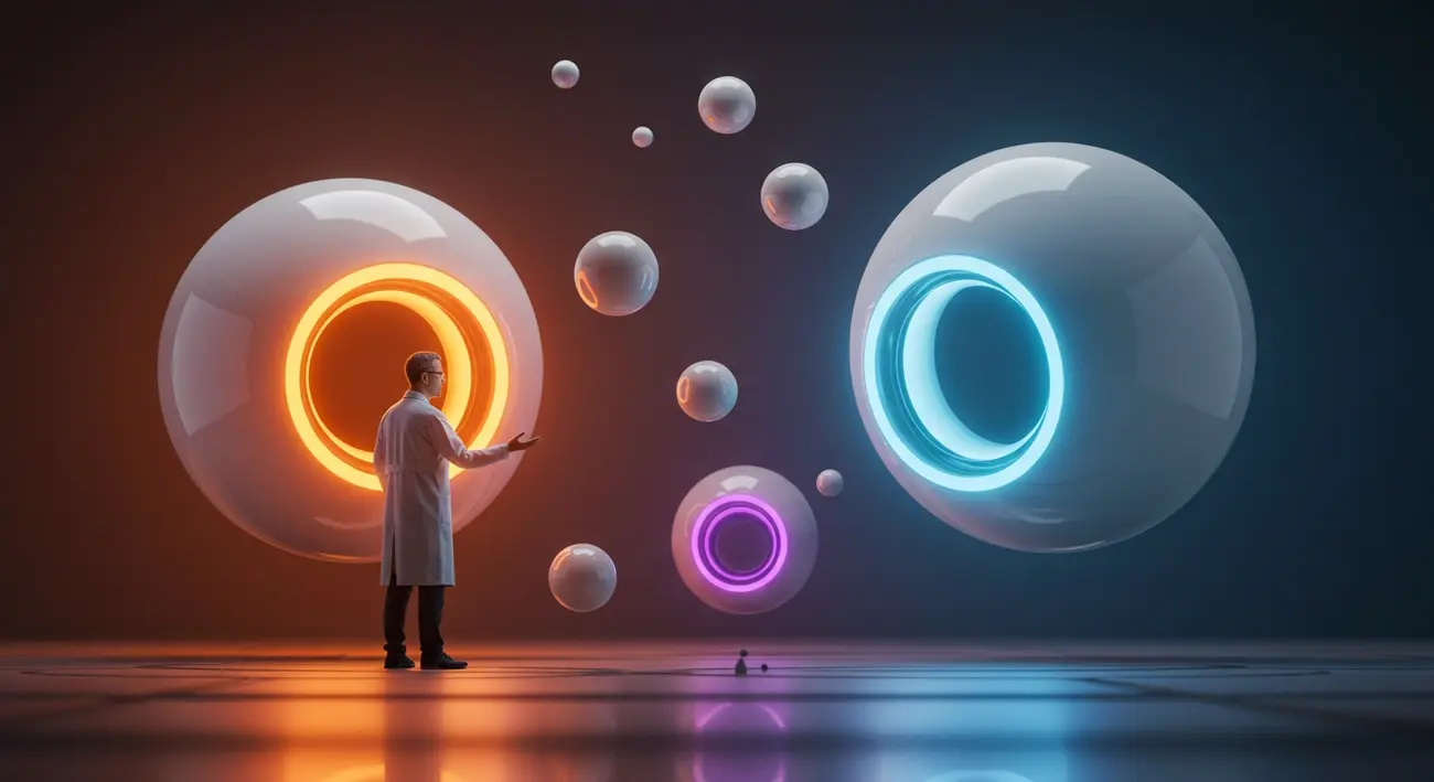 A scientist in a white lab coat stands in front of large glowing energy spheres in orange and blue tones, surrounded by smaller floating orbs in a futuristic, surreal environment.