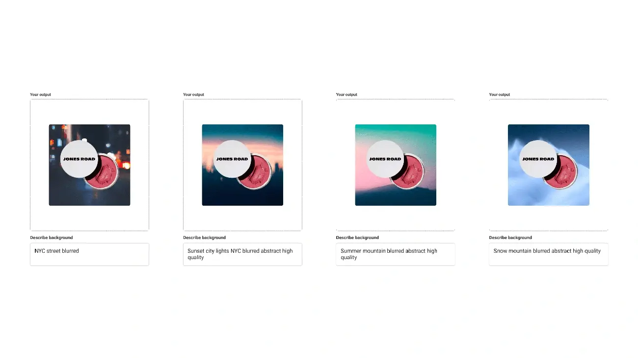 A set of AI-generated product images featuring a Jones Road cosmetic balm placed over four different blurred backgrounds, including an NYC street, a sunset cityscape, a summer mountain scene, and a snowy mountain scene.