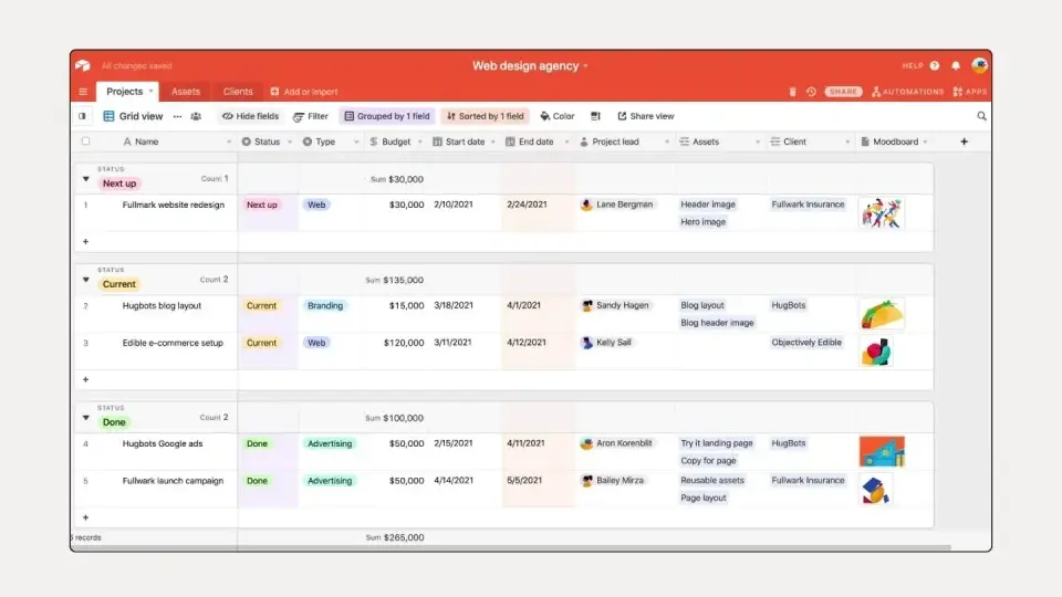 Airtable-style project management dashboard showing a web design agency’s projects organized by status, budget, team members, and assets.