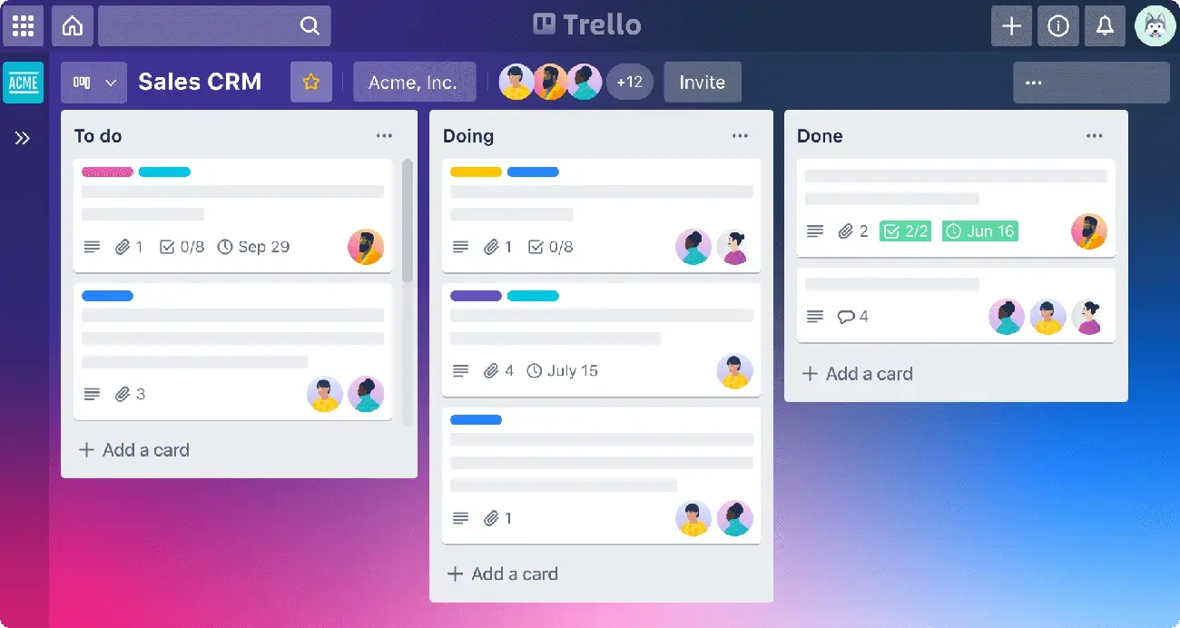 Animated Trello-style Sales CRM board showing To do, Doing, and Done columns with task cards, team avatars, checklists, and due dates.