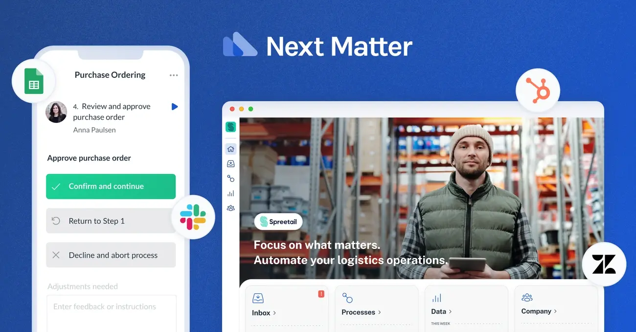 Next Matter interface showing mobile and desktop workflow automation for purchase ordering and logistics operations, with integrations like Slack, Google Sheets, HubSpot, and Zendesk.