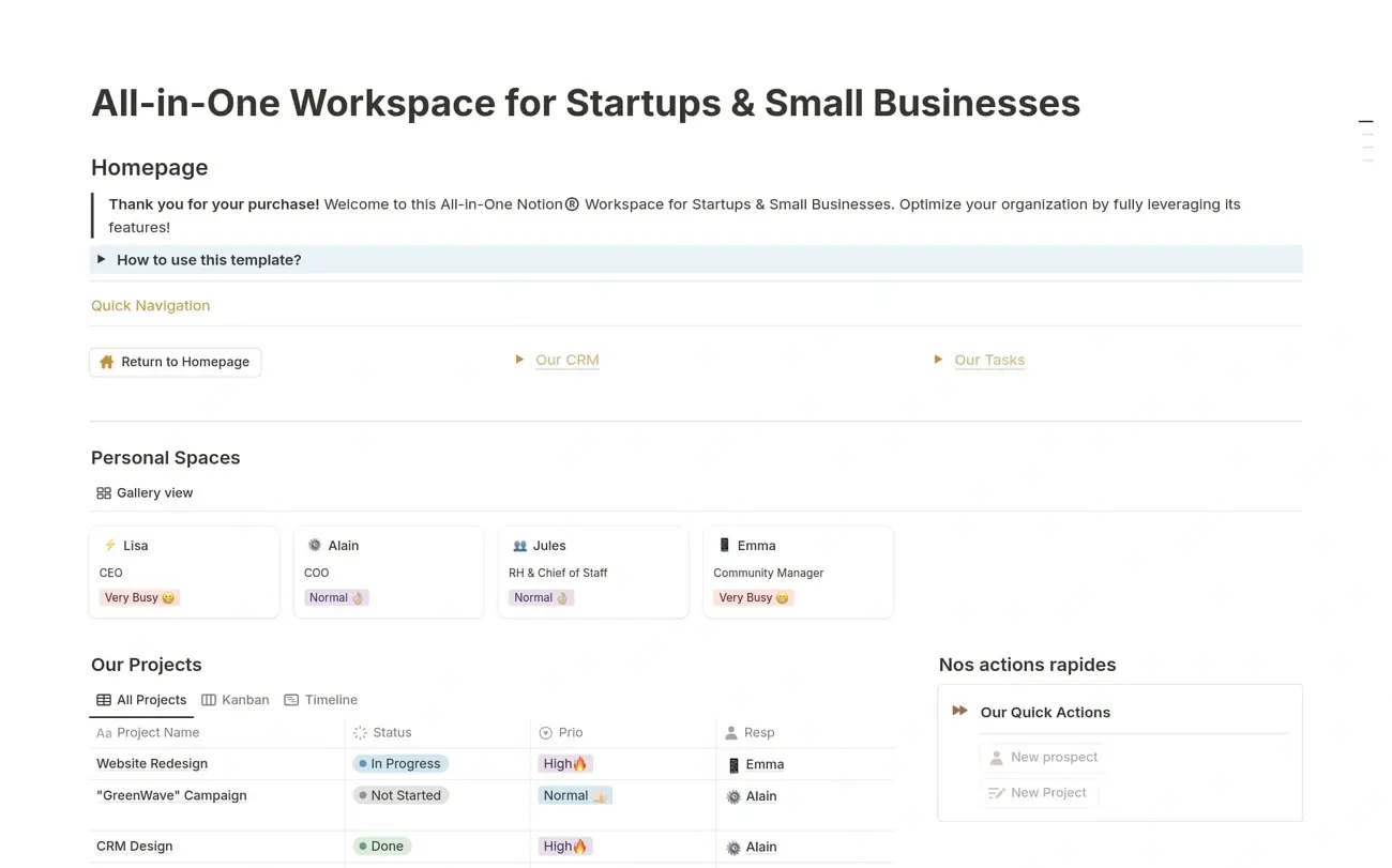 Notion all-in-one workspace template for startups and small businesses, showing homepage navigation, personal spaces, project management tables, and quick actions.