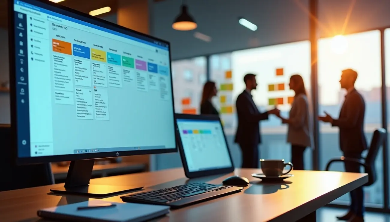 Modern office scene with workflow management software displayed on a computer screen in the foreground while a business team collaborates in the background during sunset.