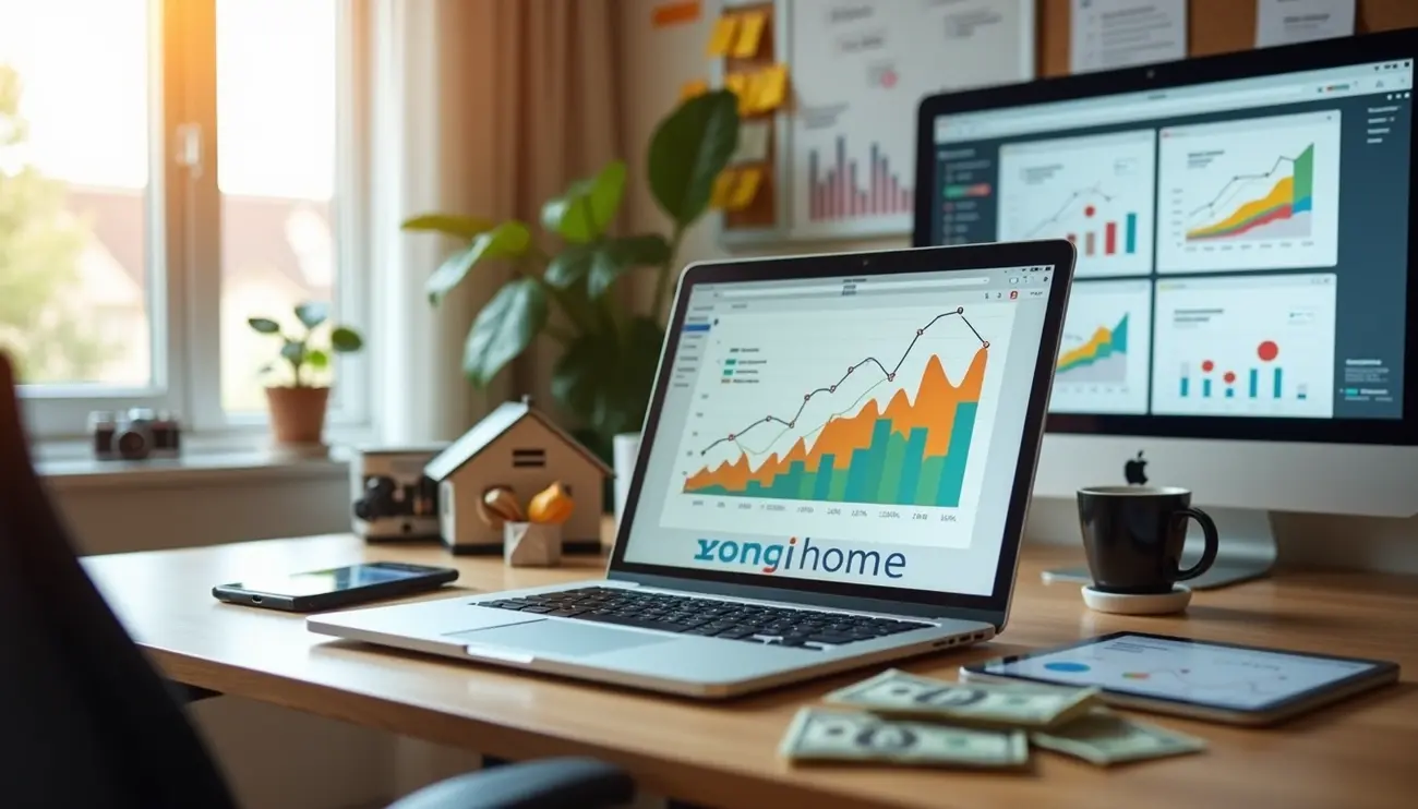 Photo of a home office desk with a laptop displaying investment analytics and growth charts, surrounded by plants, a tablet, cash, and a larger monitor showing financial dashboards in the background.