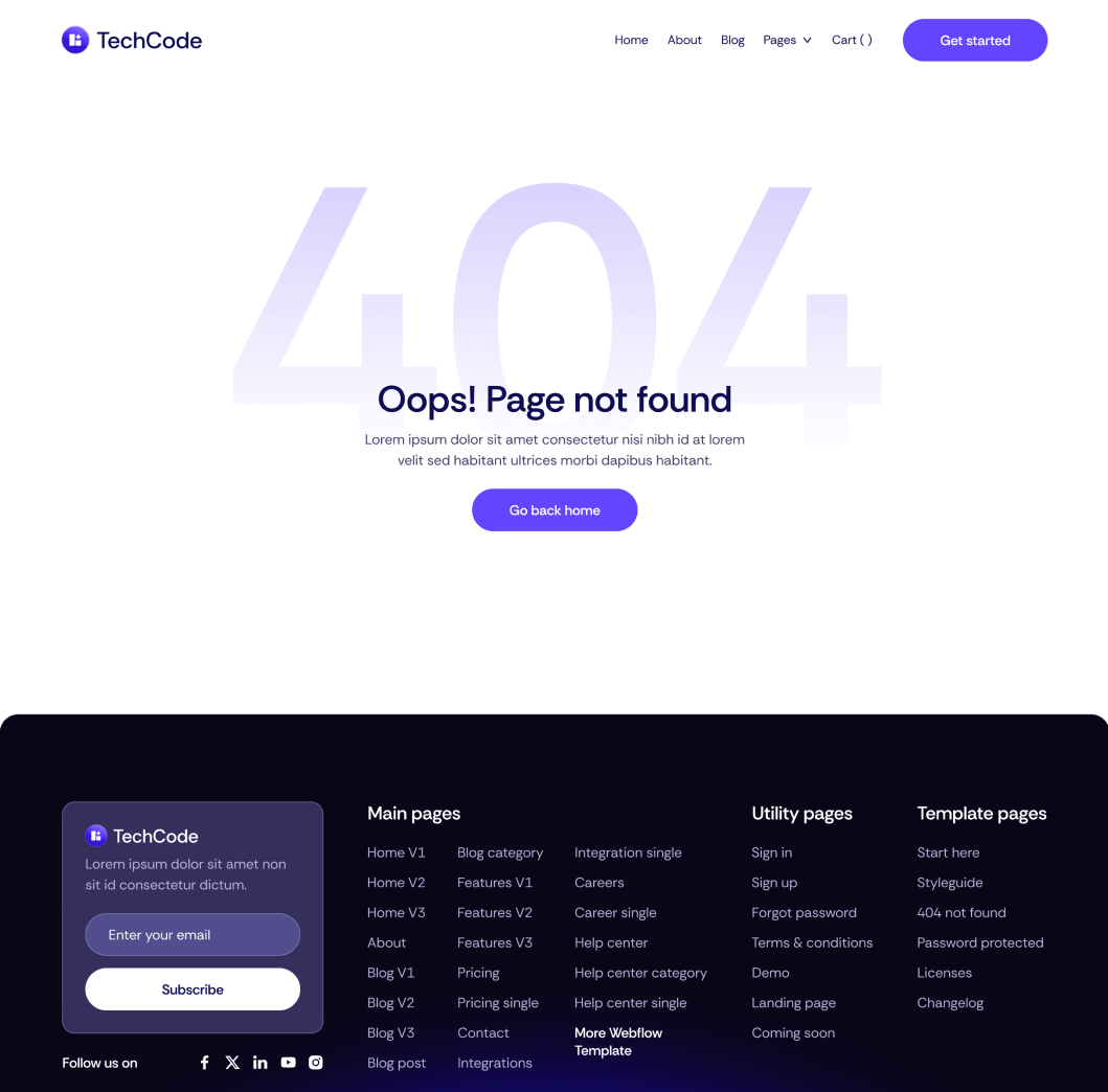 TechCode - 404 Not Found Utility Page - Saasfy SaaS Webflow Template | Brix Template