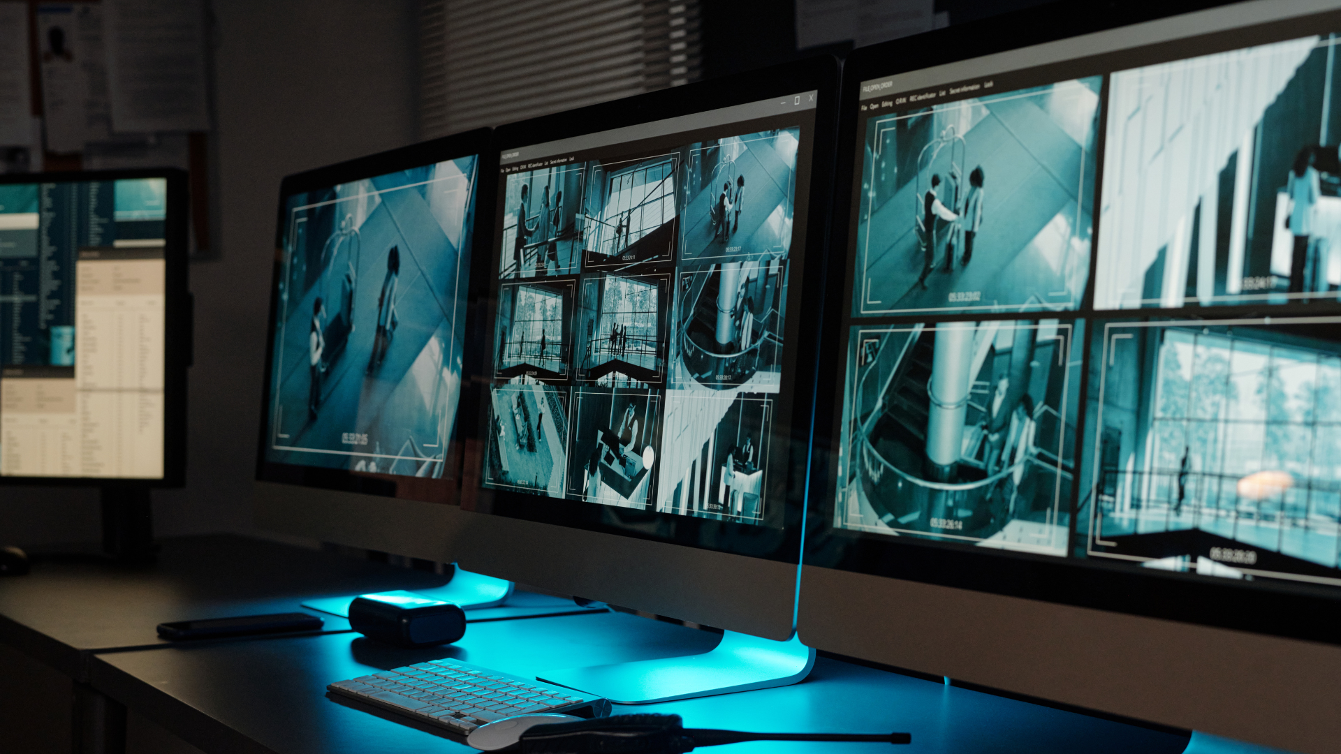 This image shows multiple computer monitors displaying CCTV surveillance footage of people walking inside a modern building, viewed from a security control room.