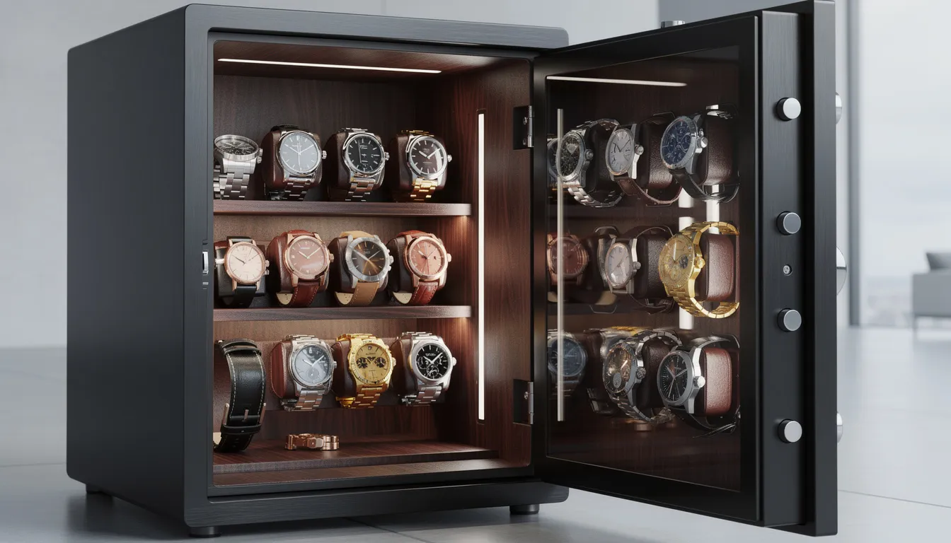 The image showcases a luxury watch collection displayed within an elegant climate-controlled safe, featuring a rich wooden interior that enhances the timeless elegance of each timepiece. This meticulous arrangement highlights distinguished brands like Patek Philippe and Rolex, appealing to watch collectors and enthusiasts who value quality and craftsmanship.