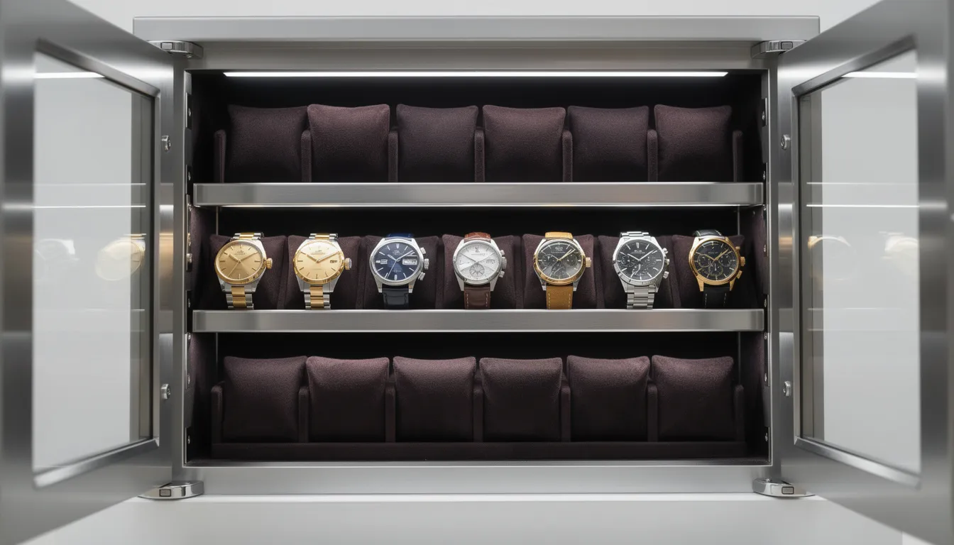 This image shows a luxury watch collection on display.