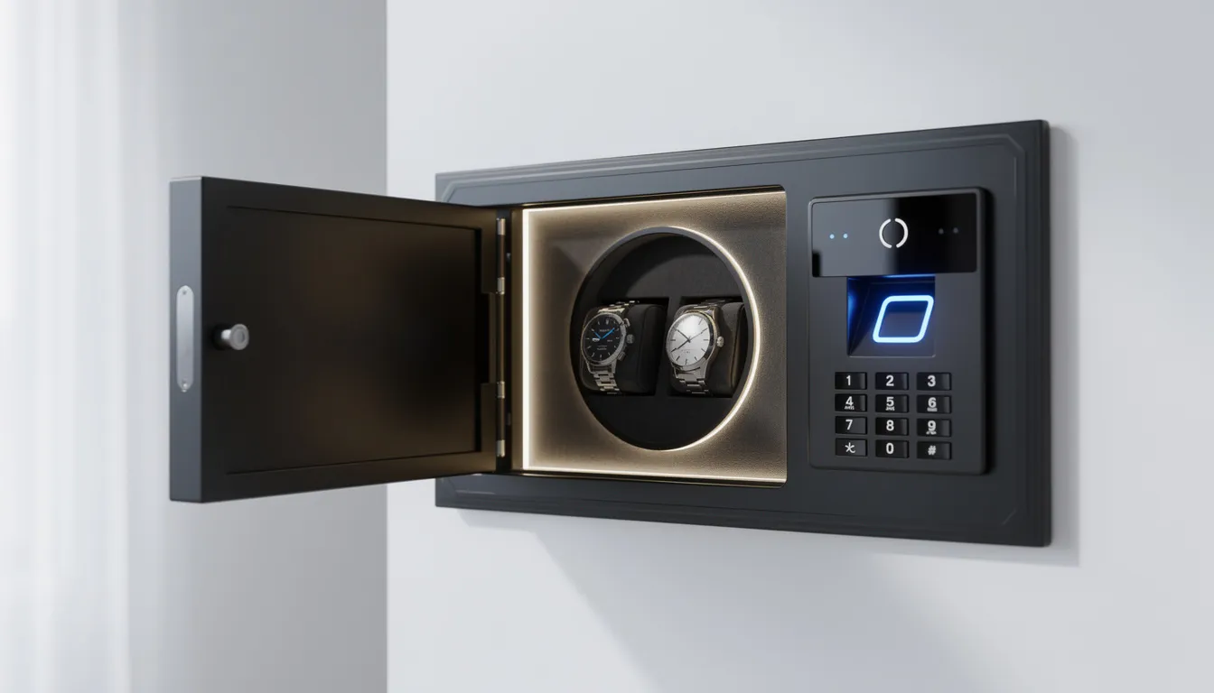 The image features a modern biometric watch safe mounted on a wall, equipped with a fingerprint scanner for secure access. This luxurious timepiece storage solution combines functionality and sophistication, appealing to watch collectors and enthusiasts who value craftsmanship and security for their prized watches.