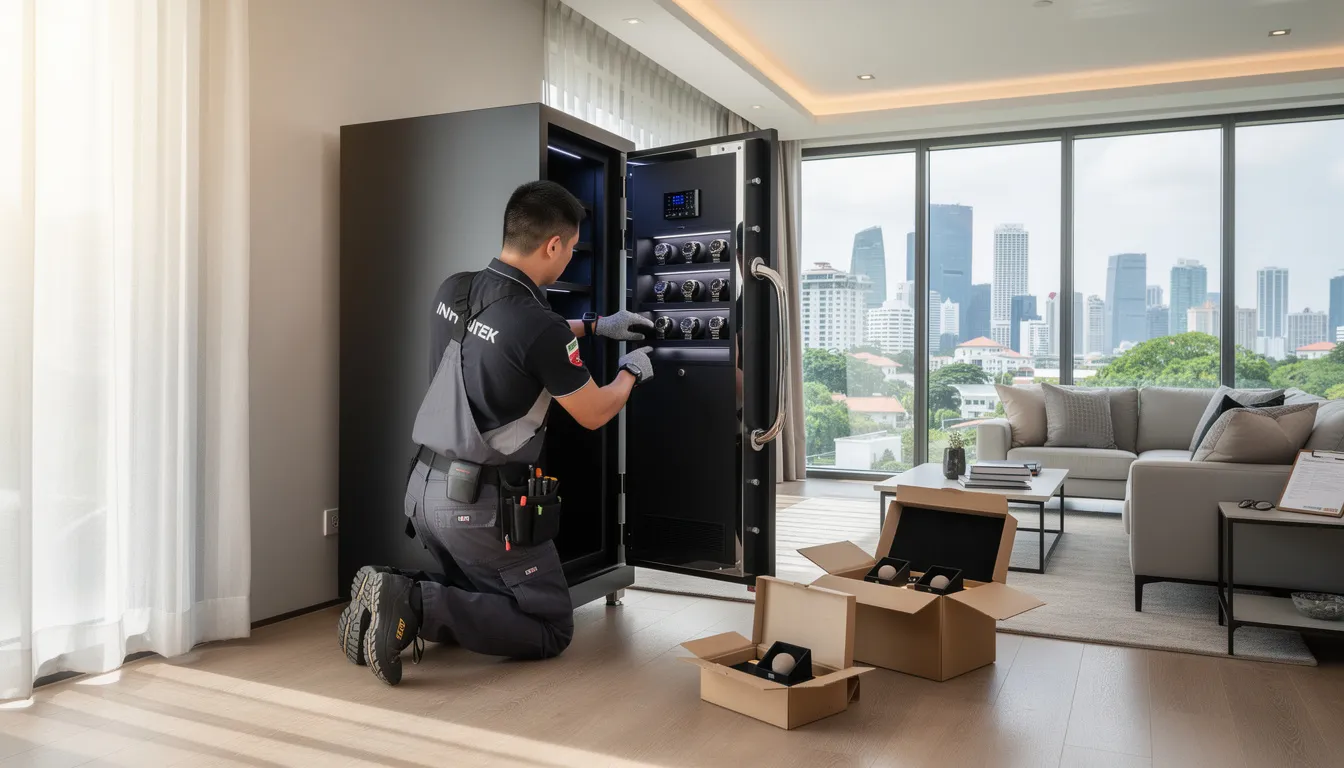 A professional technician is carefully installing a large watch safe in a modern Singapore home, ensuring the highest standards of security for luxury watches and timepieces. This meticulous attention to detail reflects the commitment to preserving the authenticity and value of distinguished brands like Patek Philippe and Rolex for watch collectors and enthusiasts.