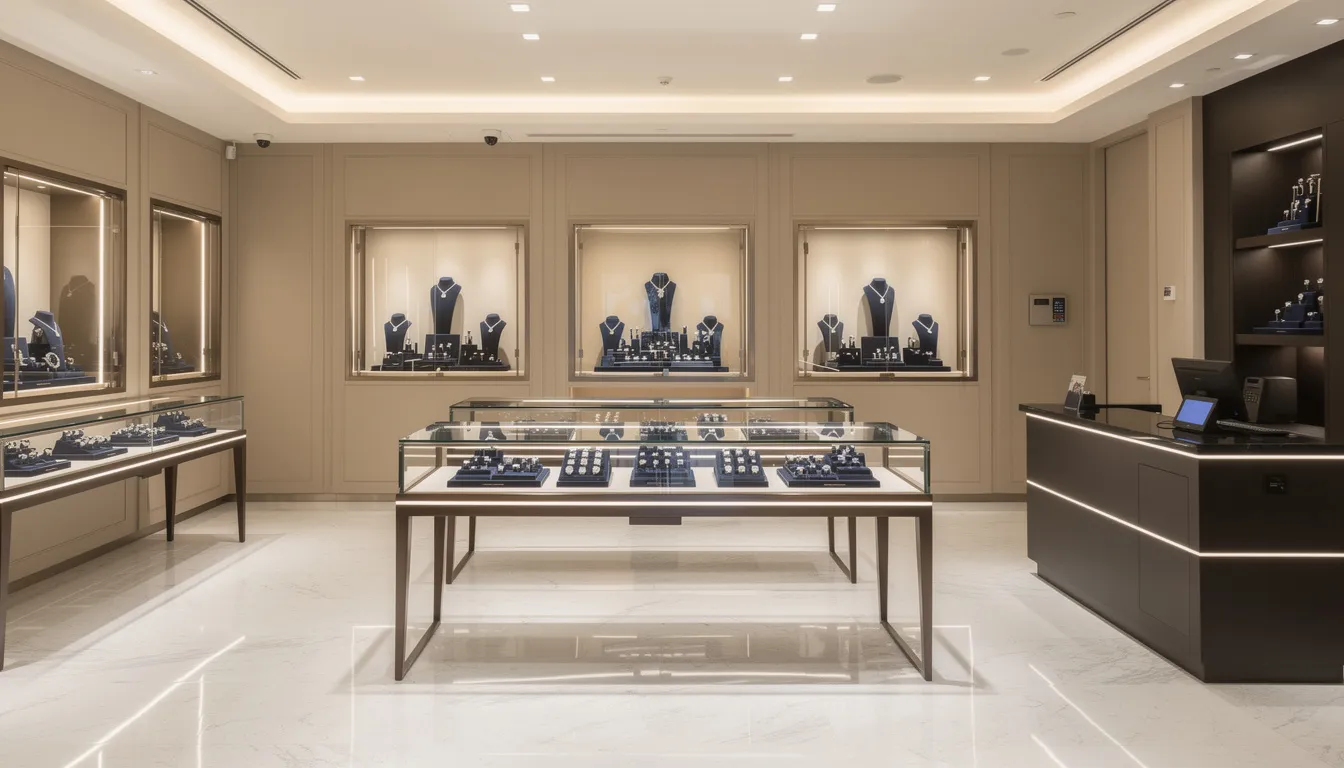 The image depicts the interior of a professional jewellery store, featuring well-lit security displays showcasing high value stock, including precious metals and stones. The layout emphasizes security measures and the importance of protecting valuable assets in the jewellery industry, ensuring peace of mind for clients and retailers alike.