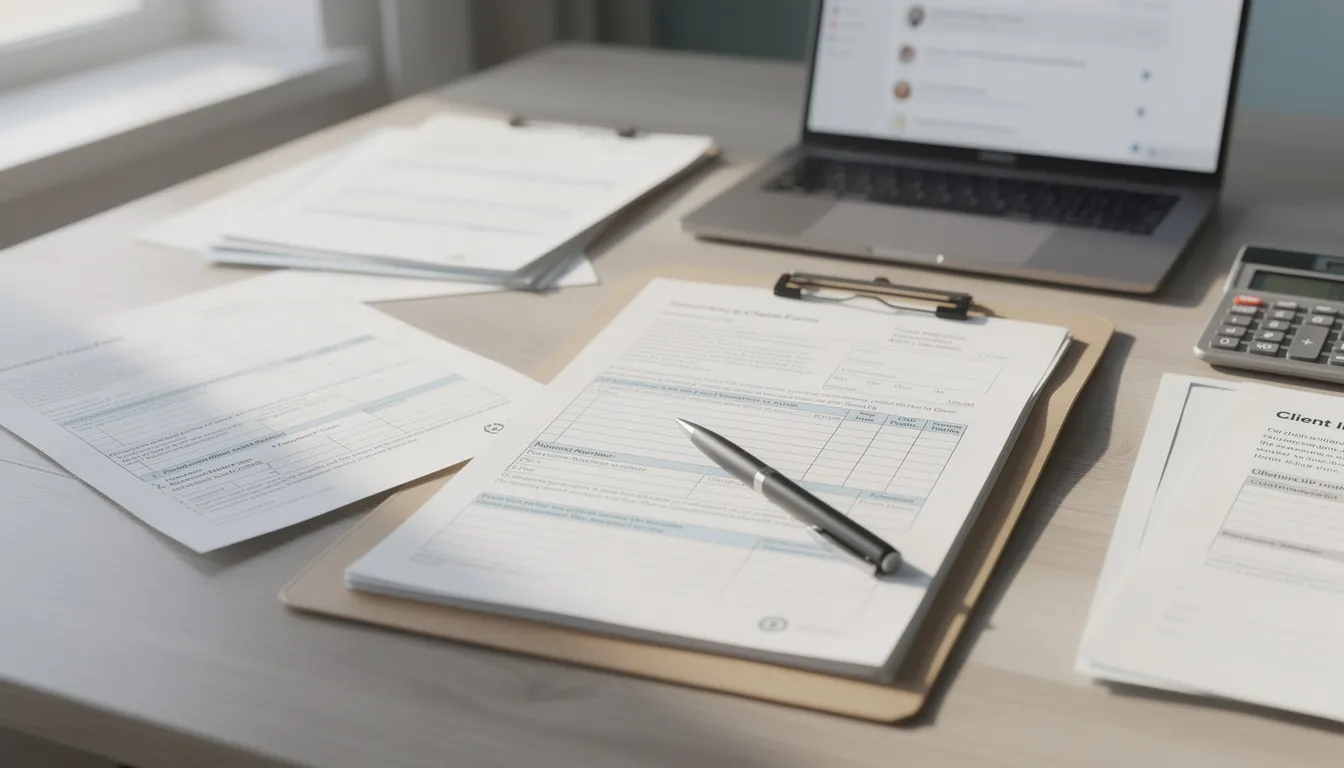 The image depicts a cluttered desk filled with various insurance claim documentation and paperwork related to the jewellery industry, emphasizing the importance of jewellers block insurance for protecting valuable assets such as precious metals and stones. The scene highlights the essential nature of proper insurance coverage to navigate risks like theft and physical loss in the jewellery trade.