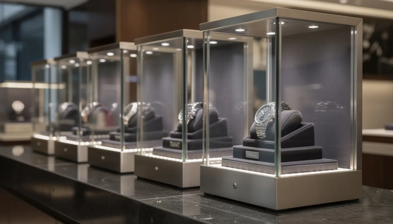 The image features luxury watch display cases illuminated by security lighting, showcasing high-value stock including precious metals and stones. These cases highlight the importance of security measures and jewellers block insurance in protecting valuable assets within the jewellery industry.