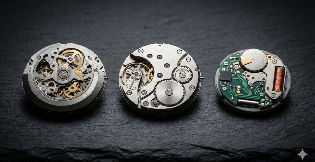 Three types of watch movements displayed side by side: a mechanical movement, an automatic movement, and a quartz movement with circuit board.