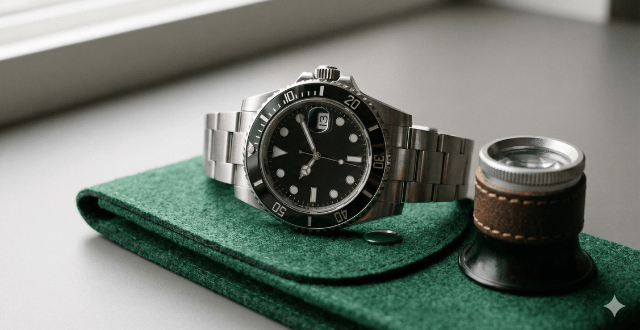 Stainless steel dive watch placed on a green felt pouch next to a watchmaker’s loupe.