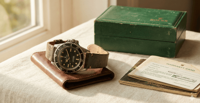 Vintage wristwatch resting on a leather wallet beside an old green watch box and warranty card near a window