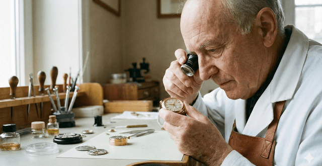 Elderly watchmaker examining a mechanical watch through a loupe at a traditional watch repair desk.