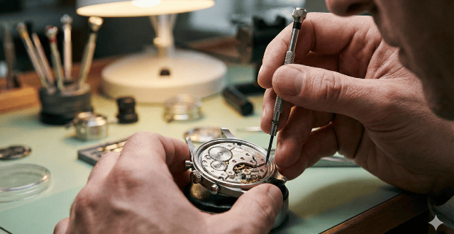 Close-up of a watchmaker using precision tools to adjust a mechanical watch movement at a workbench.