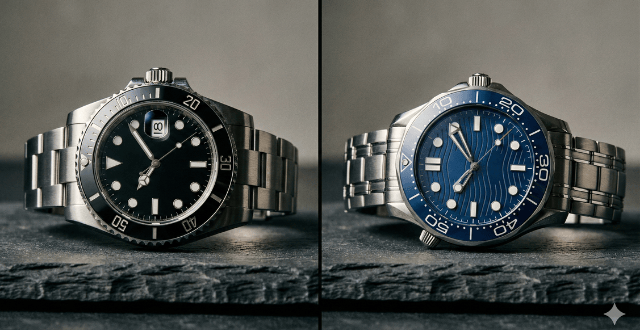 Side-by-side comparison of two stainless steel dive watches, one with a black dial and one with a blue dial, photographed on a dark textured surface.