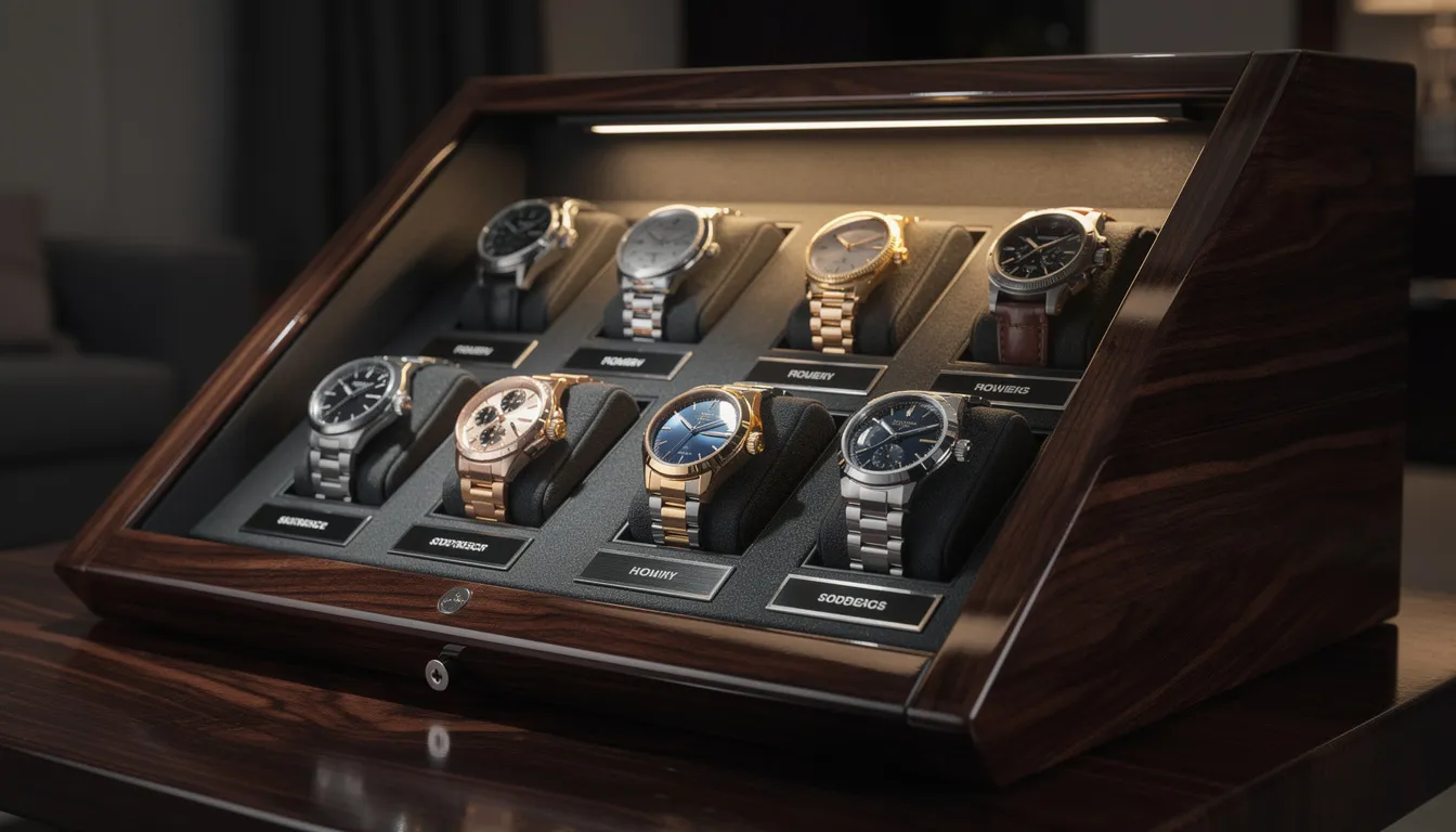 The image features a collection of luxury automatic watches elegantly displayed in a high-end watch winder with a rich wooden finish. This modern watch winder ensures that the automatic watches remain fully wound, allowing them to run smoothly and accurately, catering to the needs of watch enthusiasts and collectors.