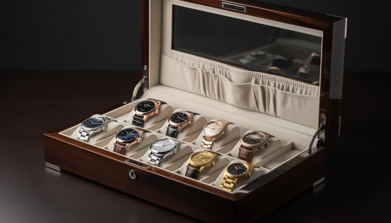 The image features a traditional watch box elegantly displaying a collection of luxury timepieces, including various automatic watches and vintage models, arranged systematically for optimal visibility. This setup not only highlights the beauty of each cherished timepiece but also emphasizes the importance of using a quality watch winder to keep the watches running smoothly and accurately, preventing unnecessary wear and ensuring they remain fully wound.