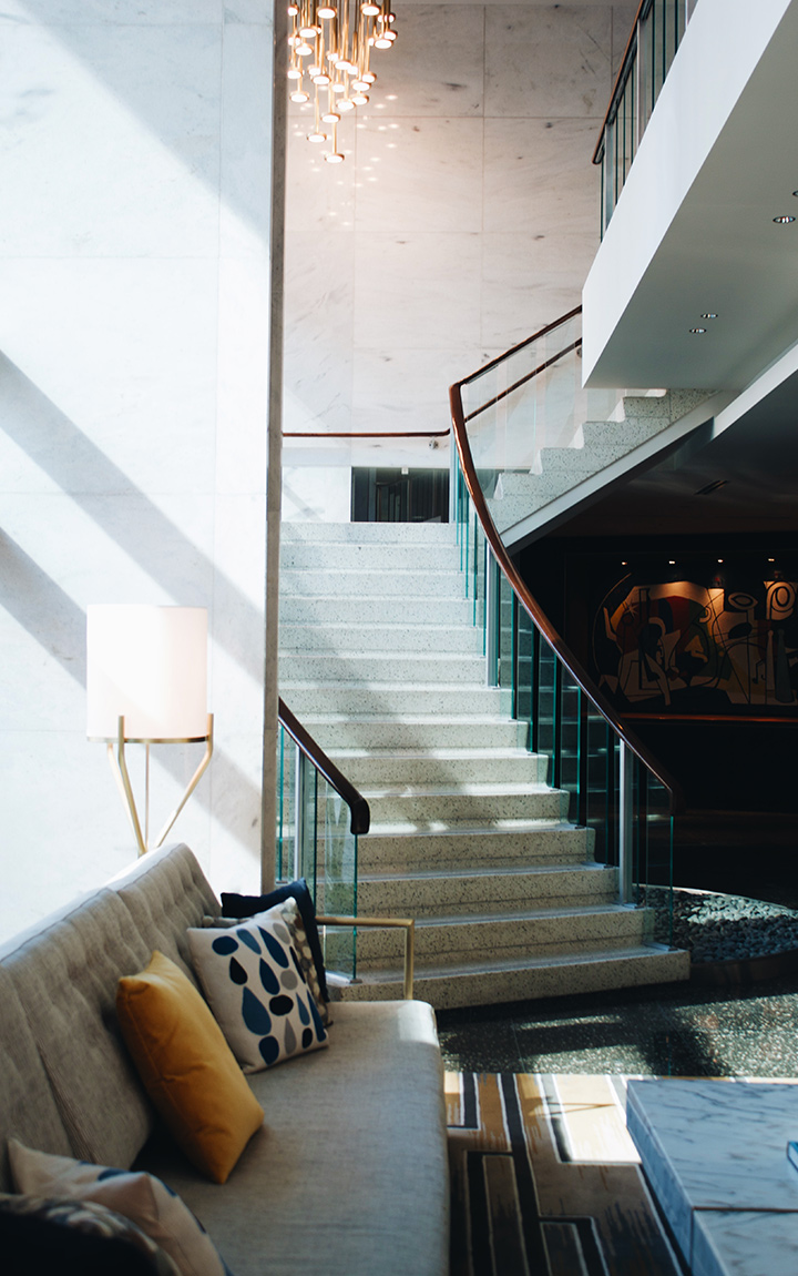 living room with stairs