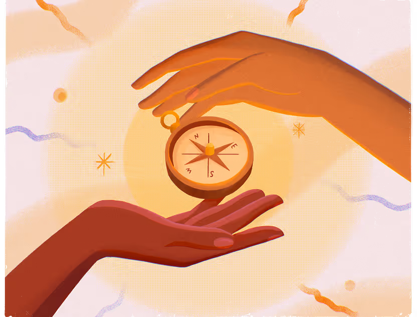 Illustration of two hands holding a compass against a soft, abstract background with warm colors.