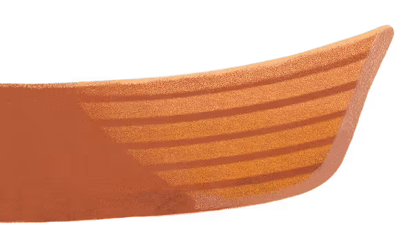 Close-up of the front end of a wooden canoe with horizontal stripes.