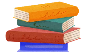 Stack of four colorful hardcover books with orange, green, red, and blue covers.