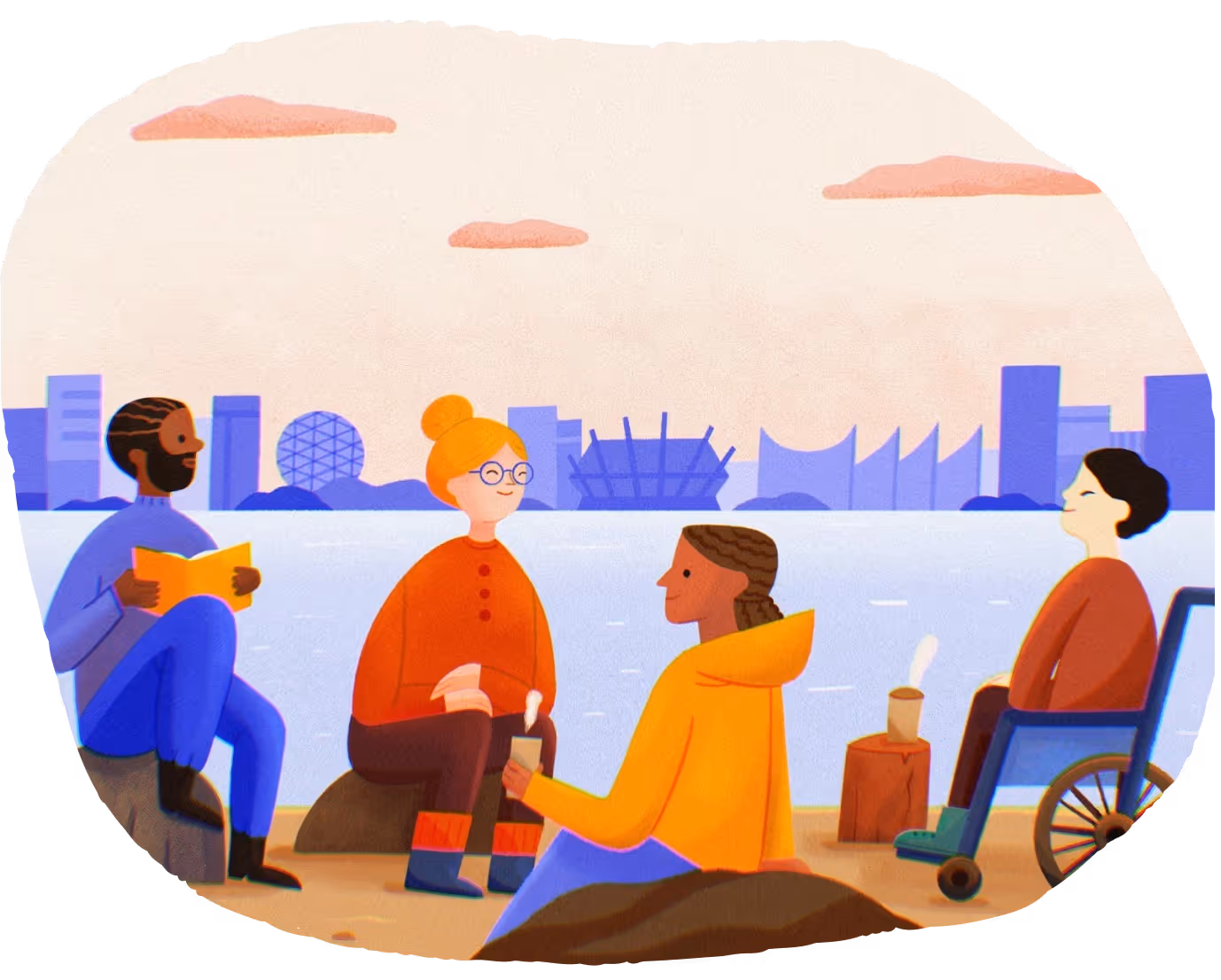 Illustration of four diverse people relaxing outdoors by a waterfront with city skyline in the background, including one person reading a book and one in a wheelchair.