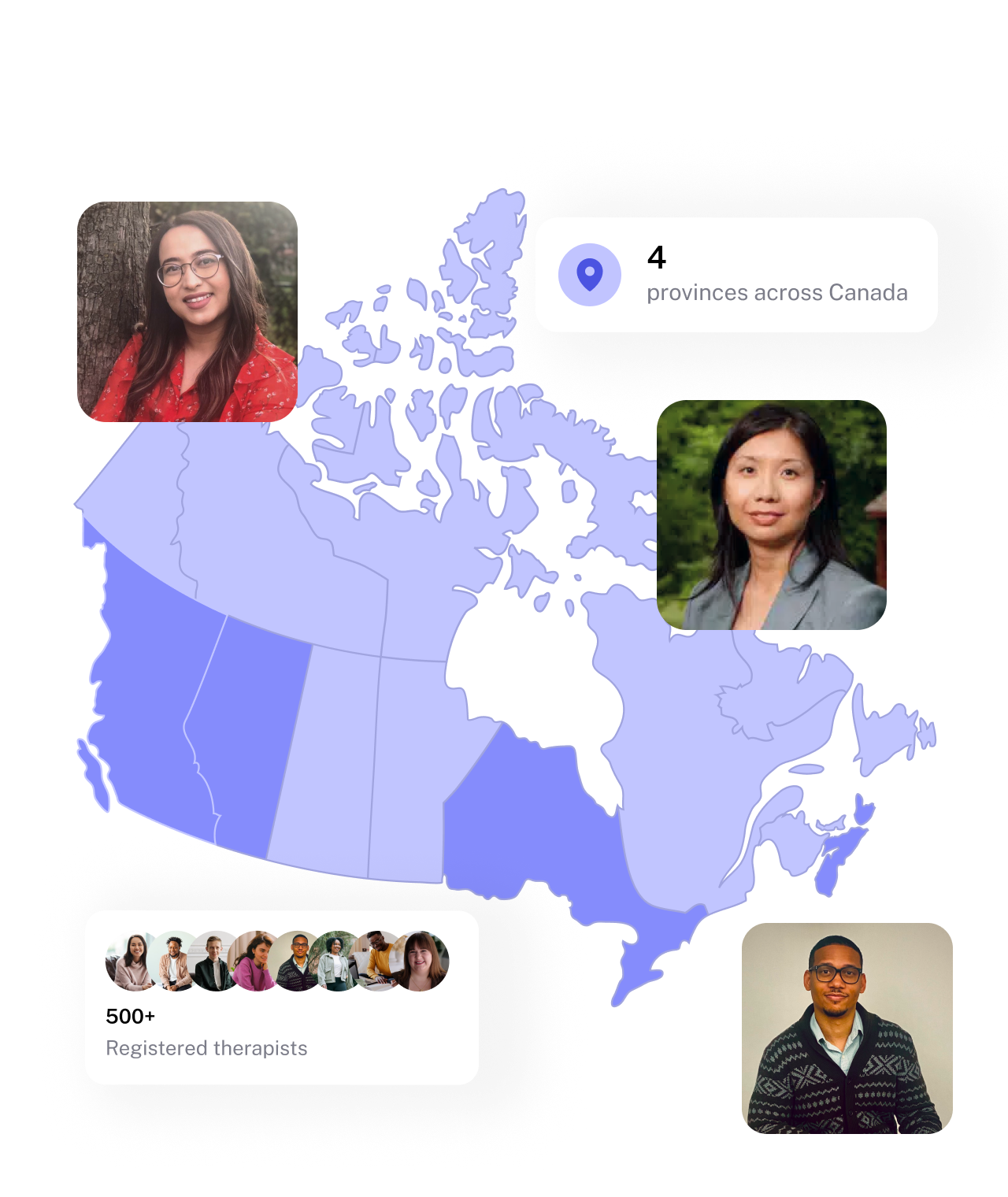 Map of Canada highlighting four provinces with photos of diverse therapists and notes showing 4 provinces and over 500 registered therapists.
