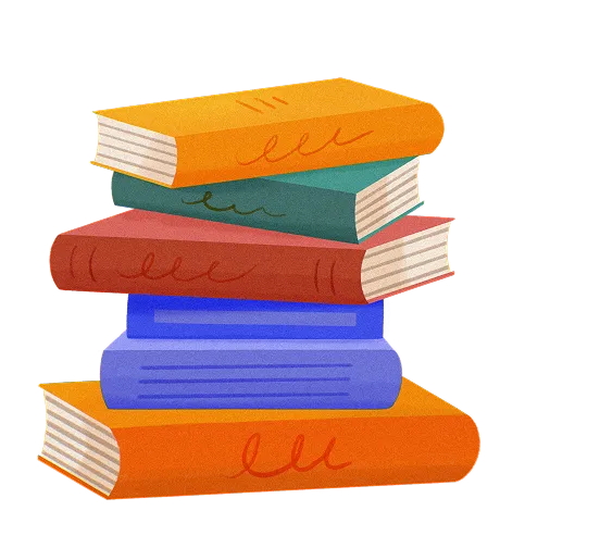 Stack of six colorful books with various shades of orange, red, blue, and green covers.